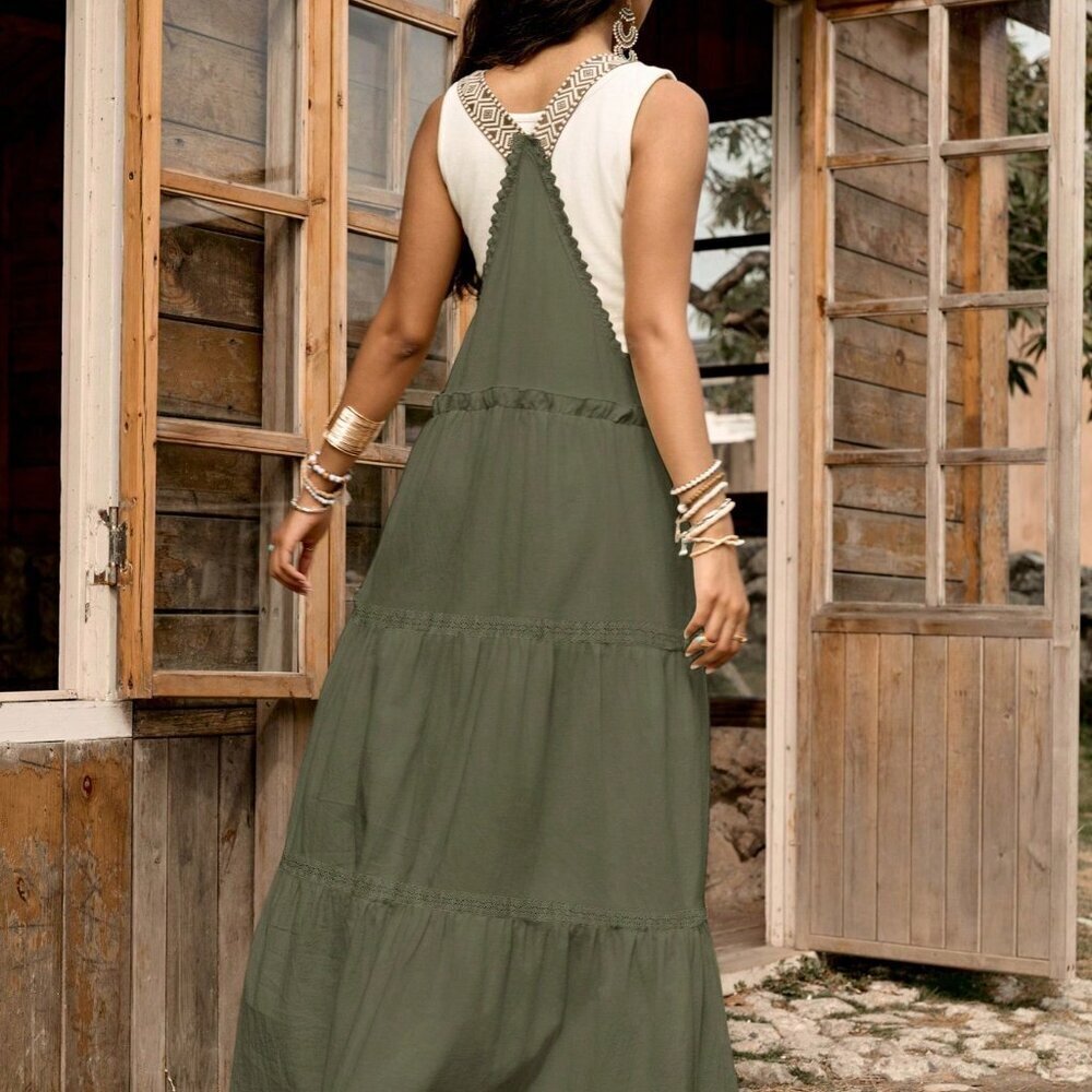Army Green Casual Women's Cotton Floral Lace Slip Dress - Picture 2 of 6